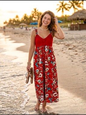 Solitaire Red Floral Maxi Dress with Blue and White Accents